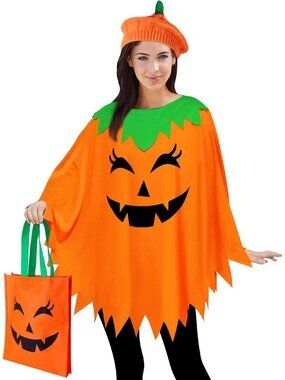 🎃Women's Orange Pumpkin Poncho Candy Bag Halloween Easy Adult Costume Sets